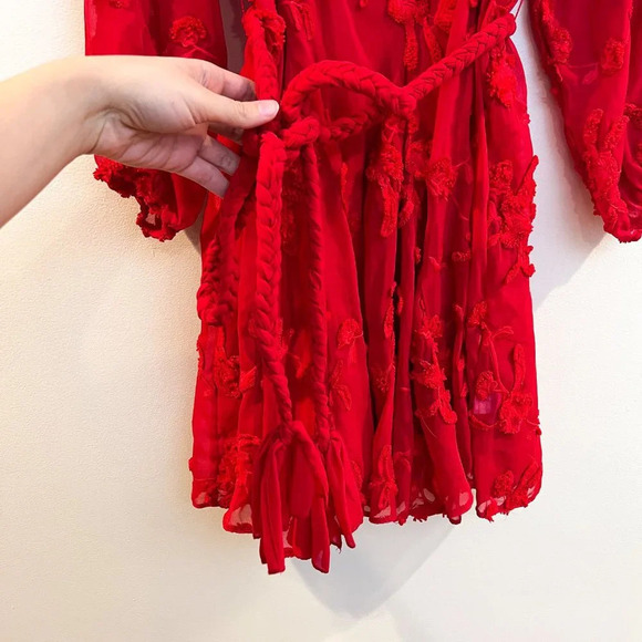 Mare Mare Red Floral Embroidered Long Sleeve Rope Tie Bohemian Mini Dress S NWT - Picture 6 of 10